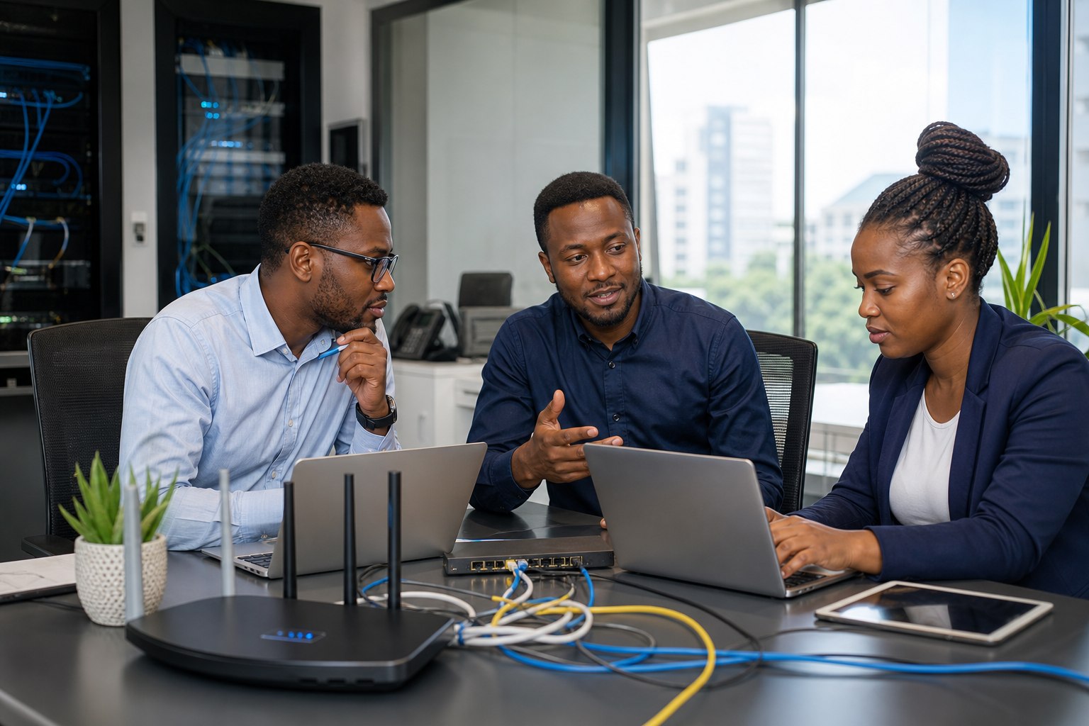 Technology professionals collaborating on a business network solution