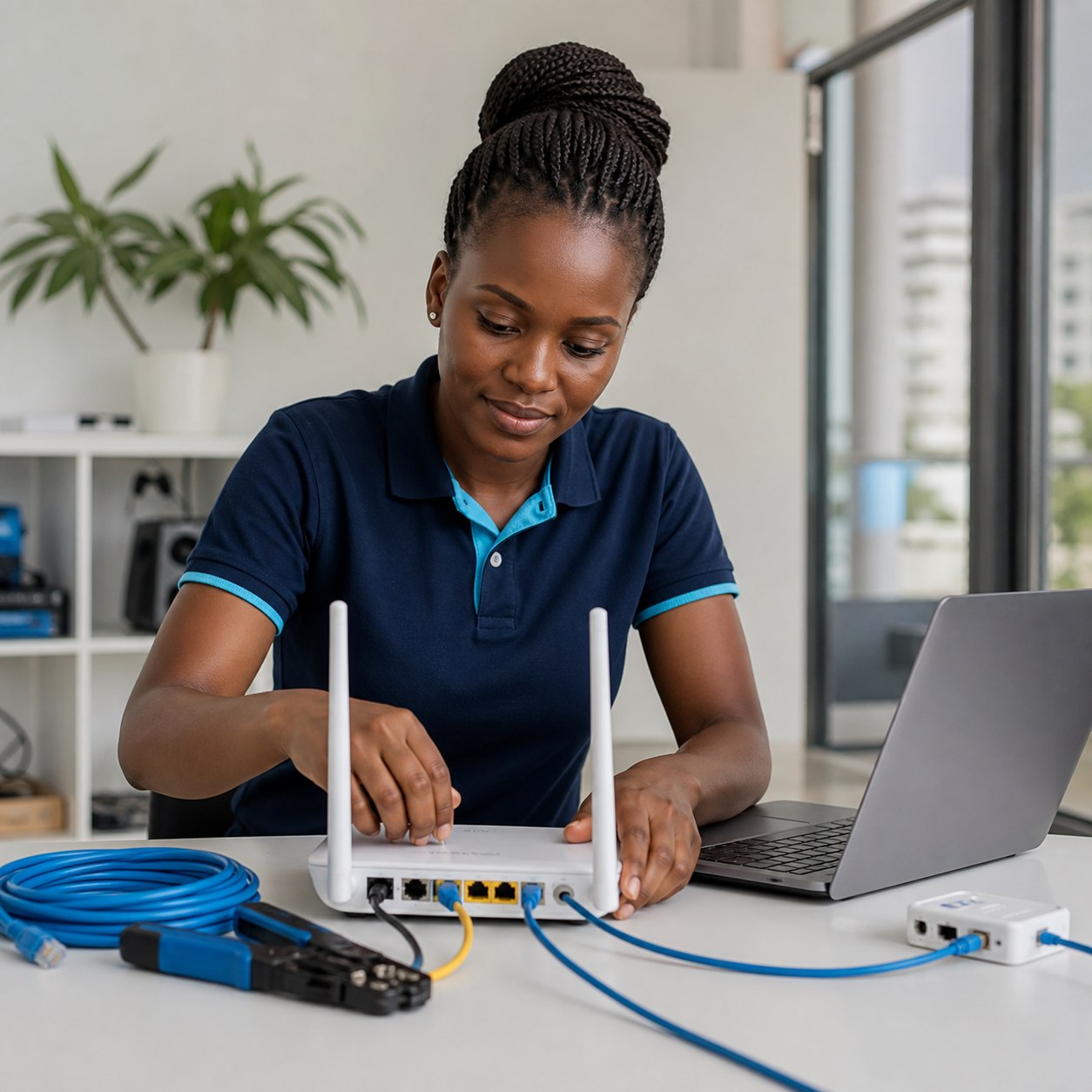 WiFi Zone staff preparing a router beside a laptop